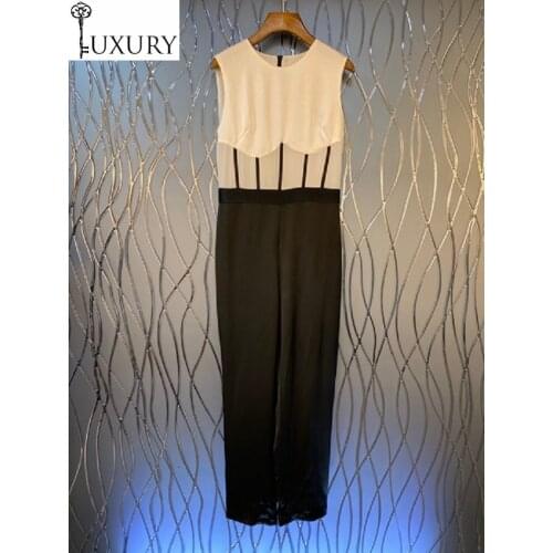 Jumpsuits High Quality New 2020 Summer Casual Rompers Women Black White Color Block Patchwork Sleeveless Long Pant Overalls Lady