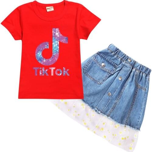 TIK TOK princess Kids Cute Clothes Set Baby Girl sleeve Tops T-shirt+Denim A-line Shorts 2pcs Sets Outfit