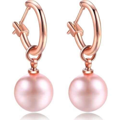 MxGxFam Red / Pink Round Pearl Drop Earrings Jewelry For Women Rose Gold color Lead and Nickel