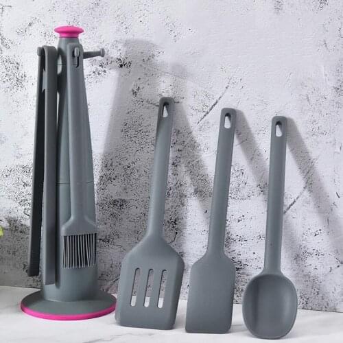 Set of 6 Silicone Kitchen Utensils Accessories Kit Cream Spatula Soup Ladle Skimmer Turner Oil Brush Clip with Storage Rack