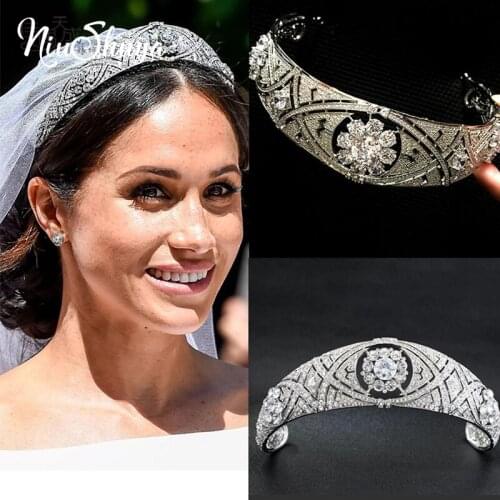 NiuShuya Meghan Markel Tiara Princess Bridal Tiaras Elegant Cubic Zircon Crown Headpieces For Women Wedding Hair Accessories