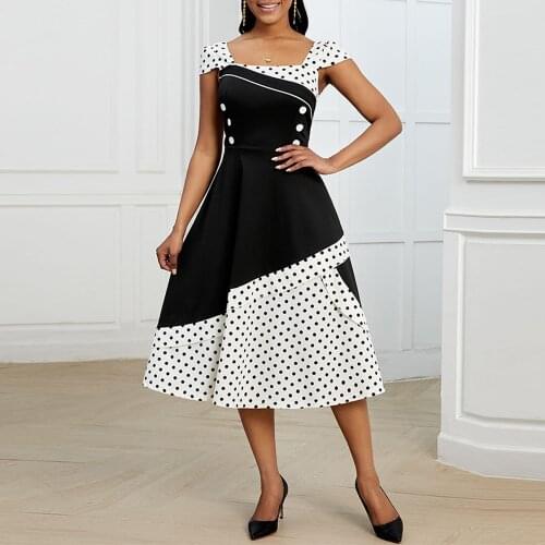 MISSJOY Plus size Dress For Women 4XL Off the Shoulder Polka Dot Button Patchwork Vintage Retro 50s 60s Skater Swing Dress 2020
