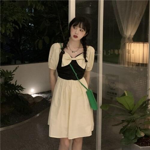 Dress Retro Stitching Square Neck Bow Short-sleeved Dress Female Summer New Style Korean Waist Slim Short Skirt
