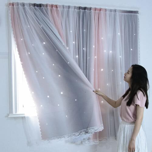 1pcs Punch-free Princess Wind Simple Shading Finished Curtains Living Room Bedroom Bay Window Hollow Star Floor Curtain F8361