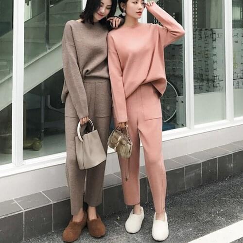 O Neck two piece outfits 2020 Winter Sweater Tracksuits Long Sleeve Jumpers Elastic Waist Pants Female Knitted 2 Pieces Set 99B
