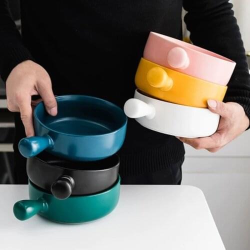Nordic Ceramic Salad Bowl With Handle Breakfast Cereal Fruit Bowl Solid Color Dessert Soup Noodle Bowl Microwave Oven Special