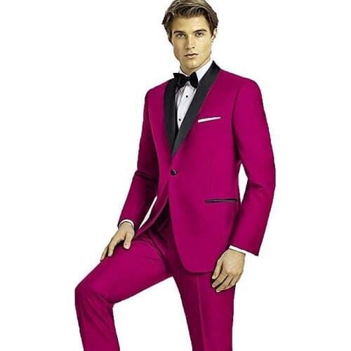 Custom Made Groomsmen Hot Pink Groom Tuxedos Shawl Black Lapel Men Suits Wedding Best Man Blazer ( Jacket+Pants+Vest+Tie ) C471