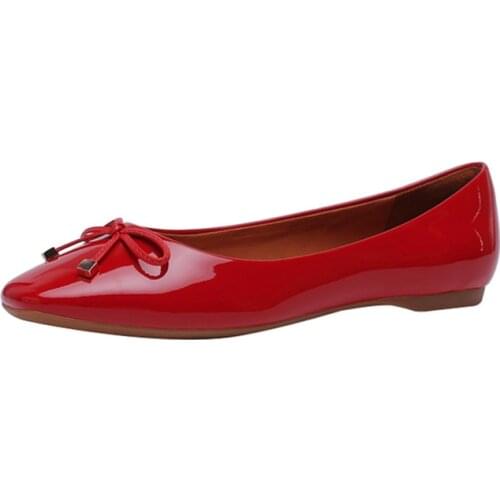 Spring and summer deer skin inner comfortable square head dark leather bowknot flat shoes and shallow shoes