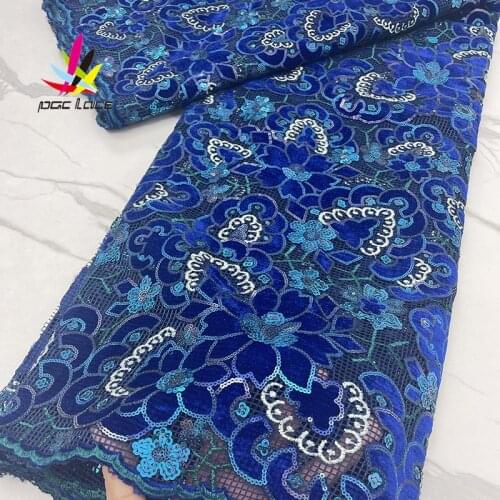 Sequence Velvet Net Lace Fabric with Sequins 2021 Royal Blue Velvet French Mesh for Nigerian Wedding Party Dresses 2021