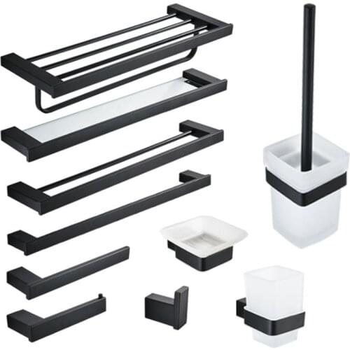 304 Stainless Steel Towel Rack Bathroom Shelf Robe Sets Glass Cup Toilet Brush Holder Black Bathroom Hardware Pendant CN(Origin)