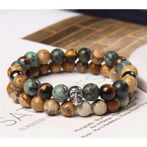 Vintage Punk Natural 8mm Stone Skull Charm Bracelet Men Accessories Matte Stone Beads Set Jewelry Mens Bracelets For Women Gift