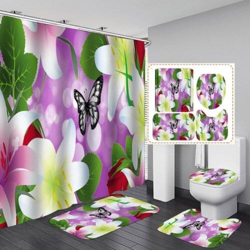 Waterproof Bathroom Shower Curtain Flower Toilet Cover Non-Slip Bath Mat Rug Carpet Set Polyester Fabric Washable Home Decor
