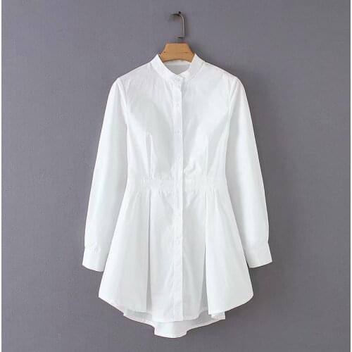 Lady Business White Blouse 2021 Spring Women Elegant Stand Collar Hem Irregular Pleats Korea Casual Shirt Office