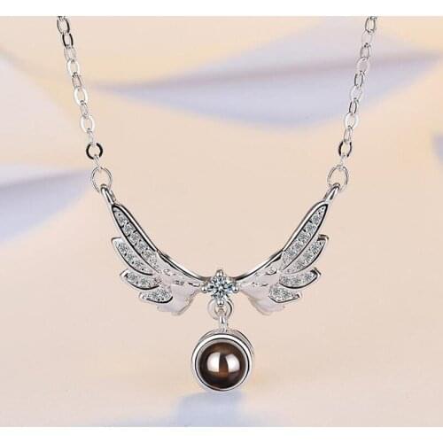 KOFSAC Exquisite Crystal I love you Projection Wing Pendant Jewelry 925 Sterling Silver Necklaces For Women Valentines Day Gift