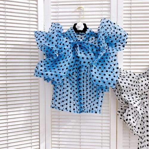 Short Polka Dot Shirt Top Elegant Clothes Women 2021 Summer New Korean Style Loose Puff Short Sleeve Chiffon Blouses Blue