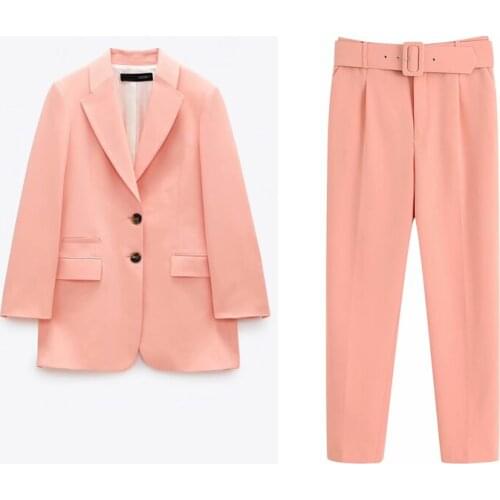Ladies Pants Suits 2020 Spring and Summer 2-piece Long Suit Jacket and Belt Pants Womens Office Ladies Casual Pants Suits