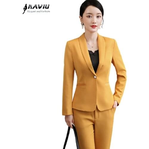 2021 Autumn New Yellow Suits Women Fashion Temperament Business Formal Long Sleeve Slim Blazer And Pants Office Ladies Work Wear