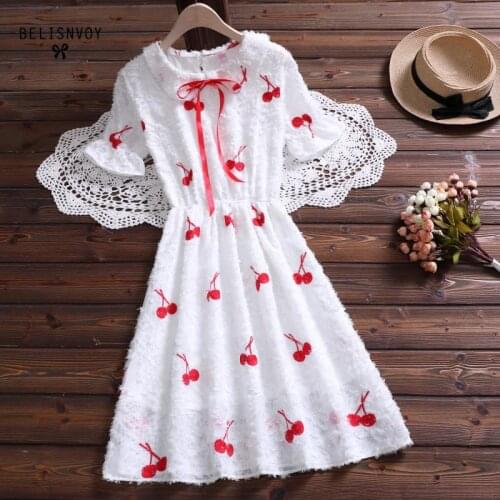 2020 Mori Girl Sweet Summer Women Baggy Dress Peter Pan Collar White Embroidery Cherry Dress Short Sleeve Cute Kawaii Dresses