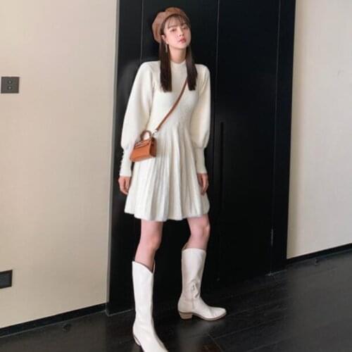 Faux Mink Women Knitted Dress High Waist Thick Warm Autumn Winter Long Sleeve Casual Sweater Dresses 2021 Female Korean Fashion