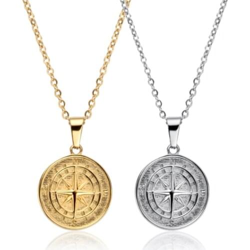 Gold Stainless Steel Compass North Star Necklace Hip Hop Compass Charm Jewelry Cross Crucifix Compass Pendentif Boussole Collier