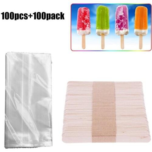100PCS Wood Ice Cream Stick Natural DIY Popsicle Stick and 100PCS Transparent Popsicle Bags Fridge Frozen Ice Cream Storage Bags