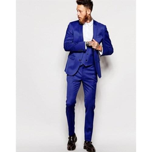 2019 Two Buttons Groom Men Suits Notch Lapel Groom Tuxedos Royal Blue Wedding Suits for Men Best Man Blazer (Jacket+Pants+Vest)