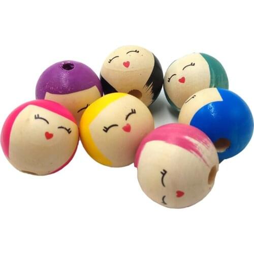 25mm Wooden Round Beads Hand-Painted Little Girl Cartoon Smile Doll Round Spacer Beads DIY Beaded Necklace Key Ring Accessories