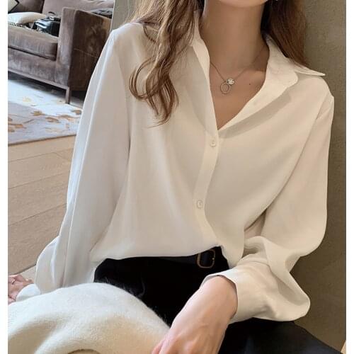 White Shirt Female 2021 Spring and Autumn New Style Loose Design Non-mainstream Lapel Versatile Top Long Sleeve Chiffon Shirt