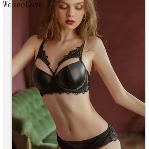 WeseeLove PU Glossy Gathered Underwear Briefs Ladies Bra Set Push Up Leather Lace Lingerie Panty Set BC Cup Large Size Bralette