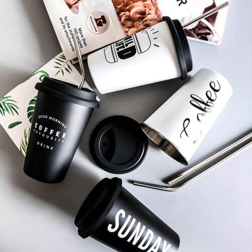 Black White Stainless Steel Silicone Mugs Hand Cup Thermol With Lid Mug Tea Milk coffee Cups Home Office School Creative Gift