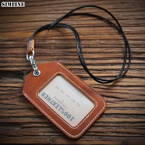 SIMLINE Genuine Leather Card Holder Employee ID Bus Card Cover Name Tag Work Certificate Badge Business Case With Neck Lanyard