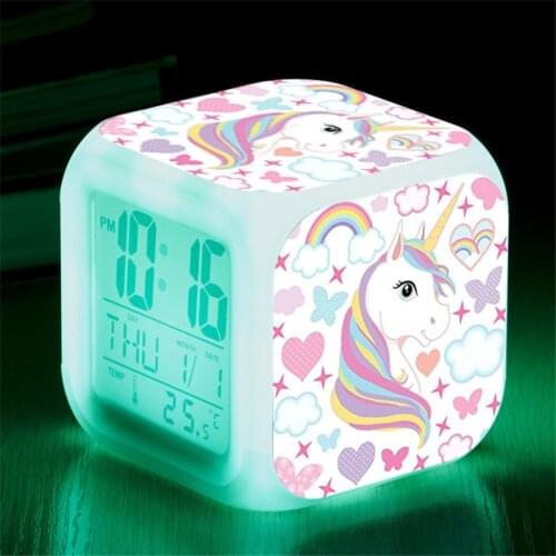 Children Cartoon Unicorn Alarm Clock 7 Led Night Light Desk Clocks Date Temperature despertador Unicornio Kids Birthday Gifts