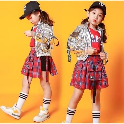 Children Girls Silver Jacket Crop Top Skirt Kids Jazz Hip Hop Dance Costumes Streetwear Cheerleading Competition Stage Outfits