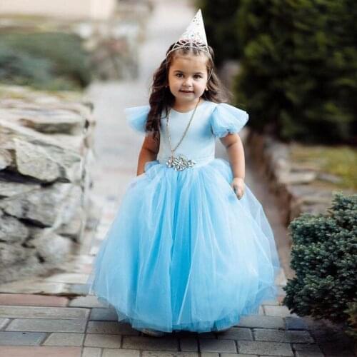 Ice Blue A Line Toddler Flower Girls Dresses Crystals Sash Tulle Skirt Bow Tie Baptism Dress Christening Girl