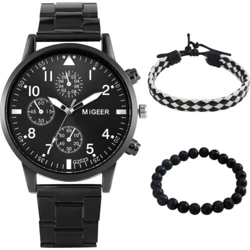 Exquisite Male Watch Gift Box 2 Simple Bracelets Quartz Black Wristwatch Stainless Steel Strap Anniversary Gift for Husband BF