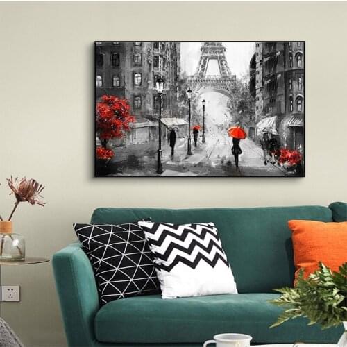 Romantic City Pedestrian Paris Eiffel Tower Landscape Abstract Oil Painting on Canvas Poster Print Wall Picture for Living Room
