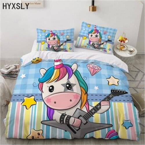 Cartoon Unicorn Play the Guitar Bedding Set Kids Duvet Cover USA Europe Queen/King Size Quilt Comforter 2/3pcs Bedspread Decor