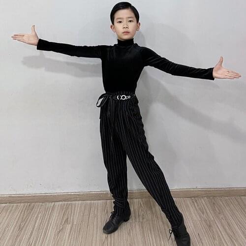 New Boys Latin Dance Costumes Practice Tops Black V Neck Male Kids Latin Performance Clothing Cha Cha Samba Salsa Shirt BL5770
