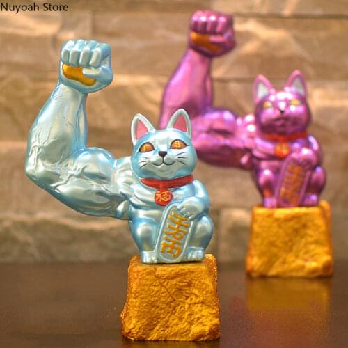 Creative Lucky Cat Small Decoration Muscle Arm Cat Resin Crafts Cute Animal Sculpture Modern Home Decoration Gift for Boyfriend