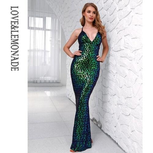 LOVE&LEMONADE Sexy Deep V-Neck Open Back Green Square Sequins Bodycon Party Maxi Dress LM83131