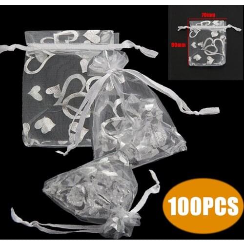 100Pcs/Set Organza Gift Bags Love Heart Organza Drawstring Wedding Candy Package Gift Bags Pouches Wedding Party Decoration