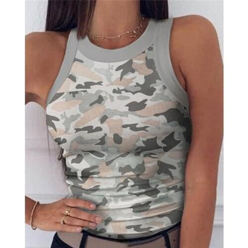 Fashion Ladies Camouflage Printed Vest Sexy Slim Women Round Neck I-shaped Vest Summer Vest For Female