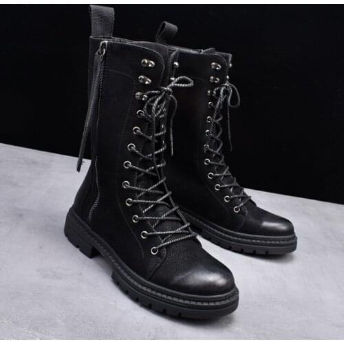 New Arrival Men Black Mid Calf Boots Round Toe Side Zip Lace Up Casual Motorcycle Shoes Male Platform Zapatos Size 38-44 ERRFC