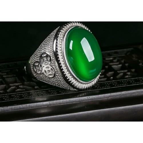 Natural Green Jade 925 Silver Ring Chinese Jadeite Amulet Fashion Charm Jewelry Hand Carved Crafts Gifts for Women Men