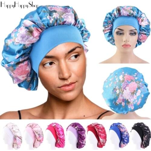 Extra Large Floral Pattern Night Sleep Hat Elastic Band Bonnet Cap Hair Care Head Cover Turban Headwrap Women Casual Shower Cap