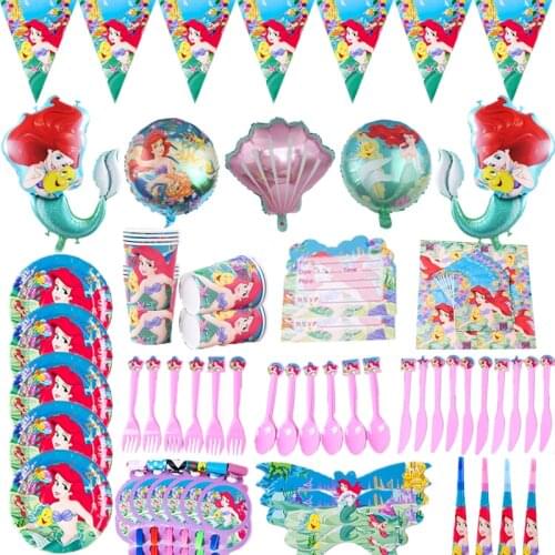 Little Mermaid Party Disposable Tableware Paper Cup Plate Straw Balloon Baby Girl Birthday Party Baby Shower Decoration Supply