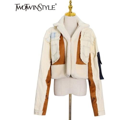 XIZIHUPAN Casual Parkas Pocket For Female Lapel Collar Long Sleeve Patchwork Denim Colorblock Womens Warm Coat Fashion New