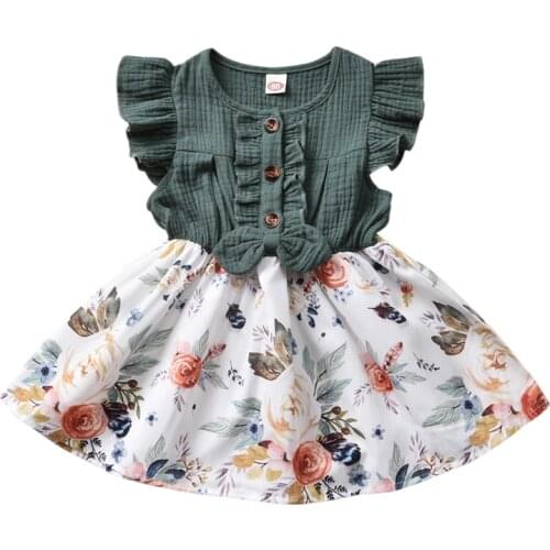 Lioraitiin Dress Summer 1-5Years Baby Girls Bowknot Floral Print Ruffles Sleeve Patchwork Length A-Line Sundress