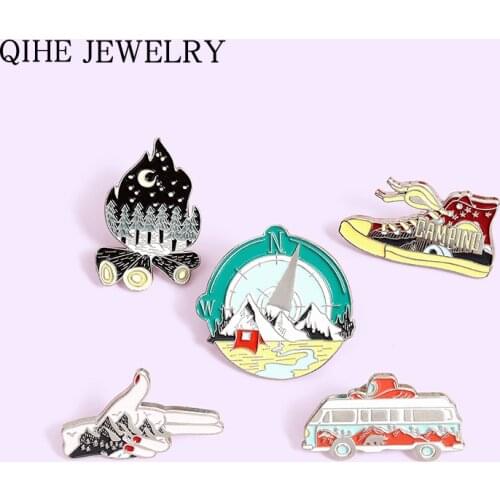 Outdoors Adventure Enamel Pin Motorhome Canvas Shoe Bonfire Compass Brooches Bag Lapel Pin Badges Jewelry Gift for Friends