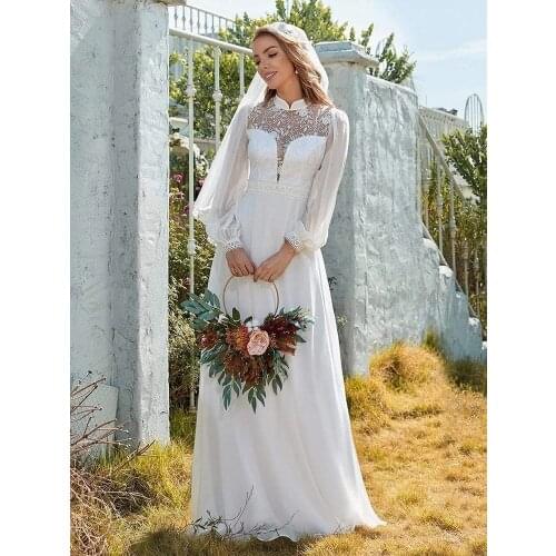 Simple Retro Wedding Dress Muslim Bride Long Sleeve Bridal Dress White Chiffon 3D Flower Hand Drill Dress